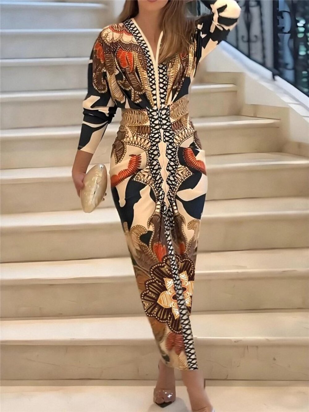 Slit Printed V-Neck Long Sleeve Dress